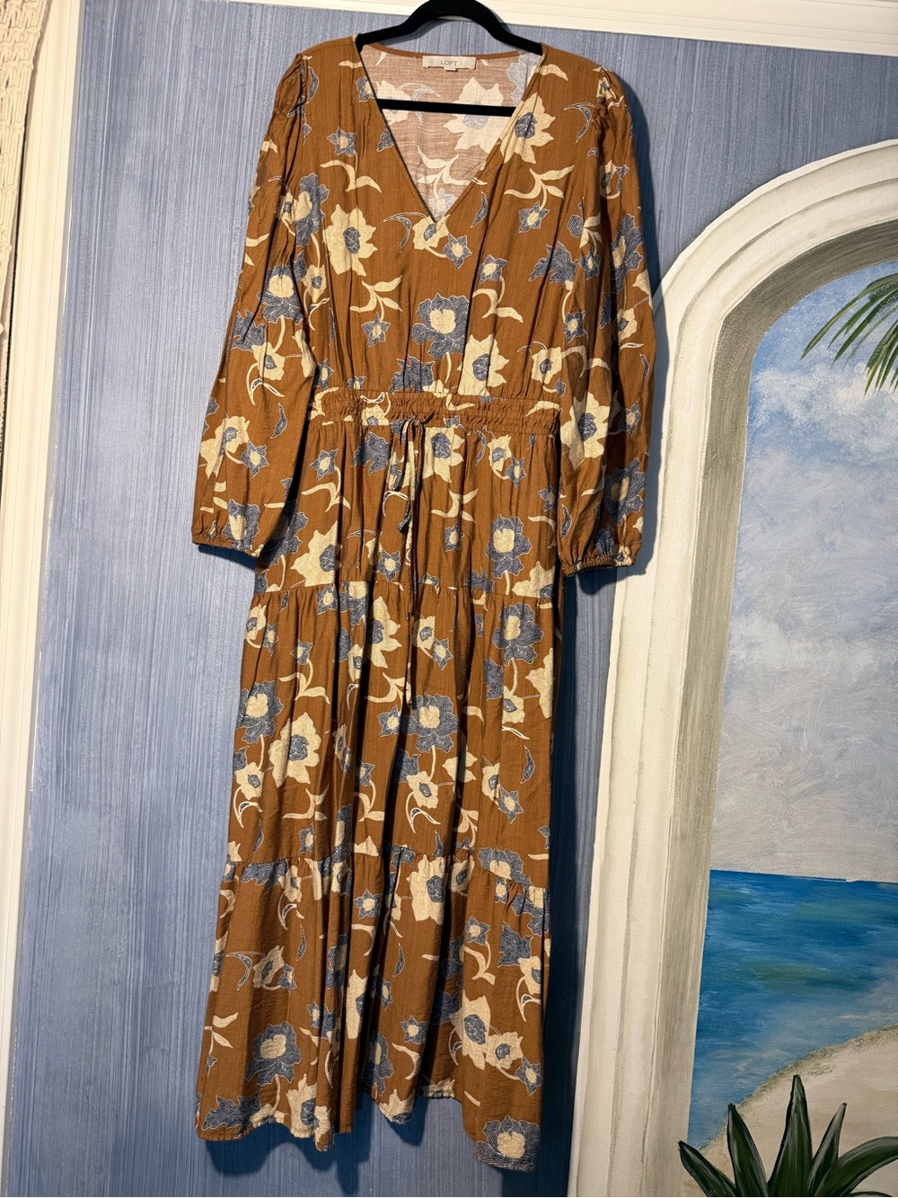 LOFT Floral Maxi Dress in Brown & Blue Size XL Like New